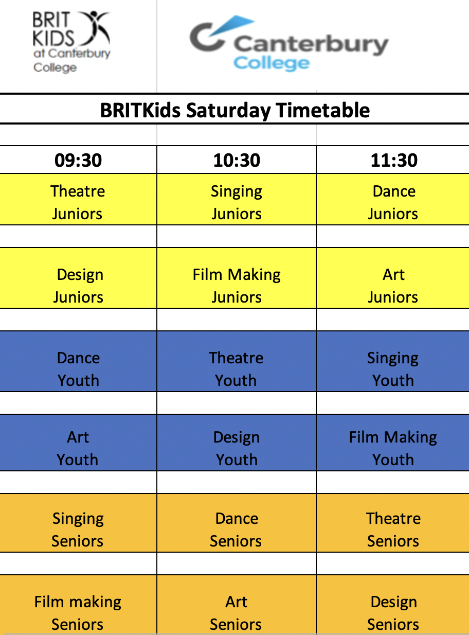 Timetable Canterbury BRIT Kids at Canterbury College